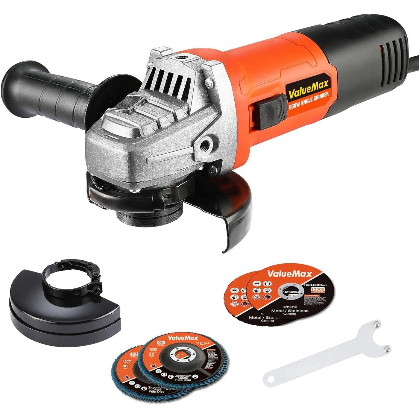 ValueMax 850W Angle Grinder, 115mm, 12000 RPM, 3-Position Handle, 4 Discs Included