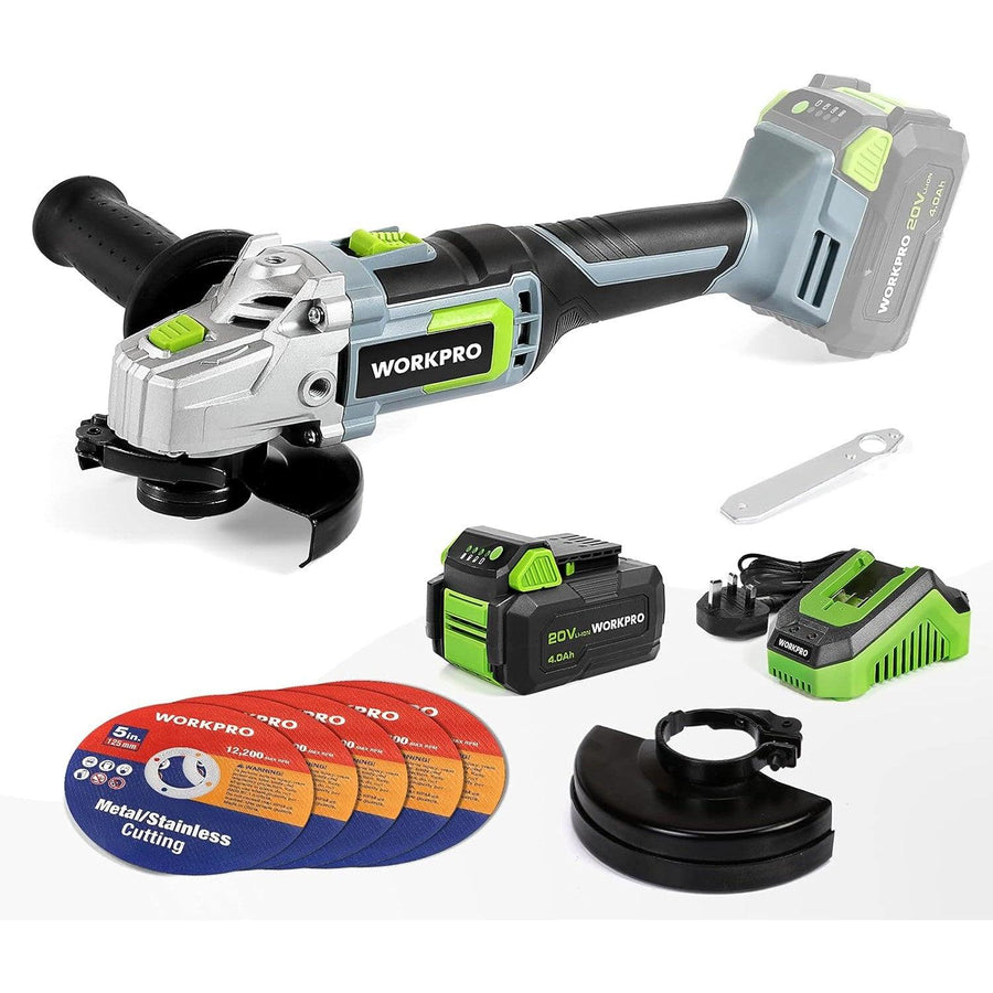 WORKPRO 20V Cordless Angle Grinder 125mm, 7500rpm 4.0Ah Battery 5 Cutting Wheels