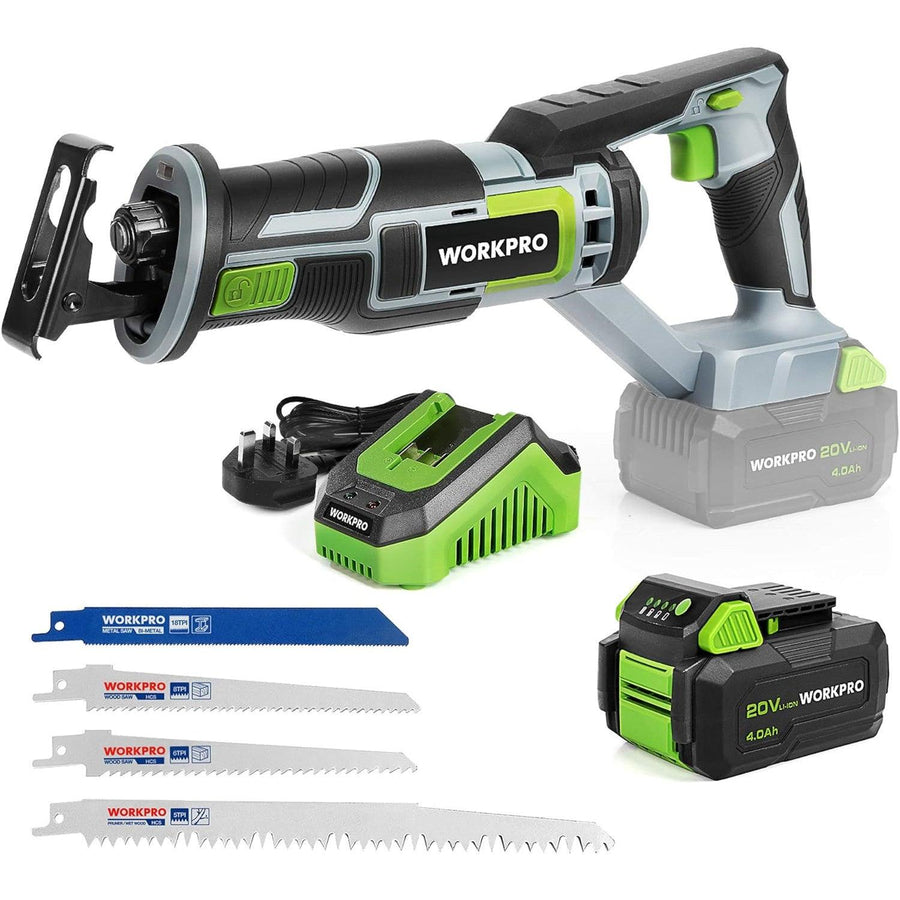 WORKPRO 20V Cordless Reciprocating Saw, 4.0Ah Battery, 25mm Stroke, 4 Blades