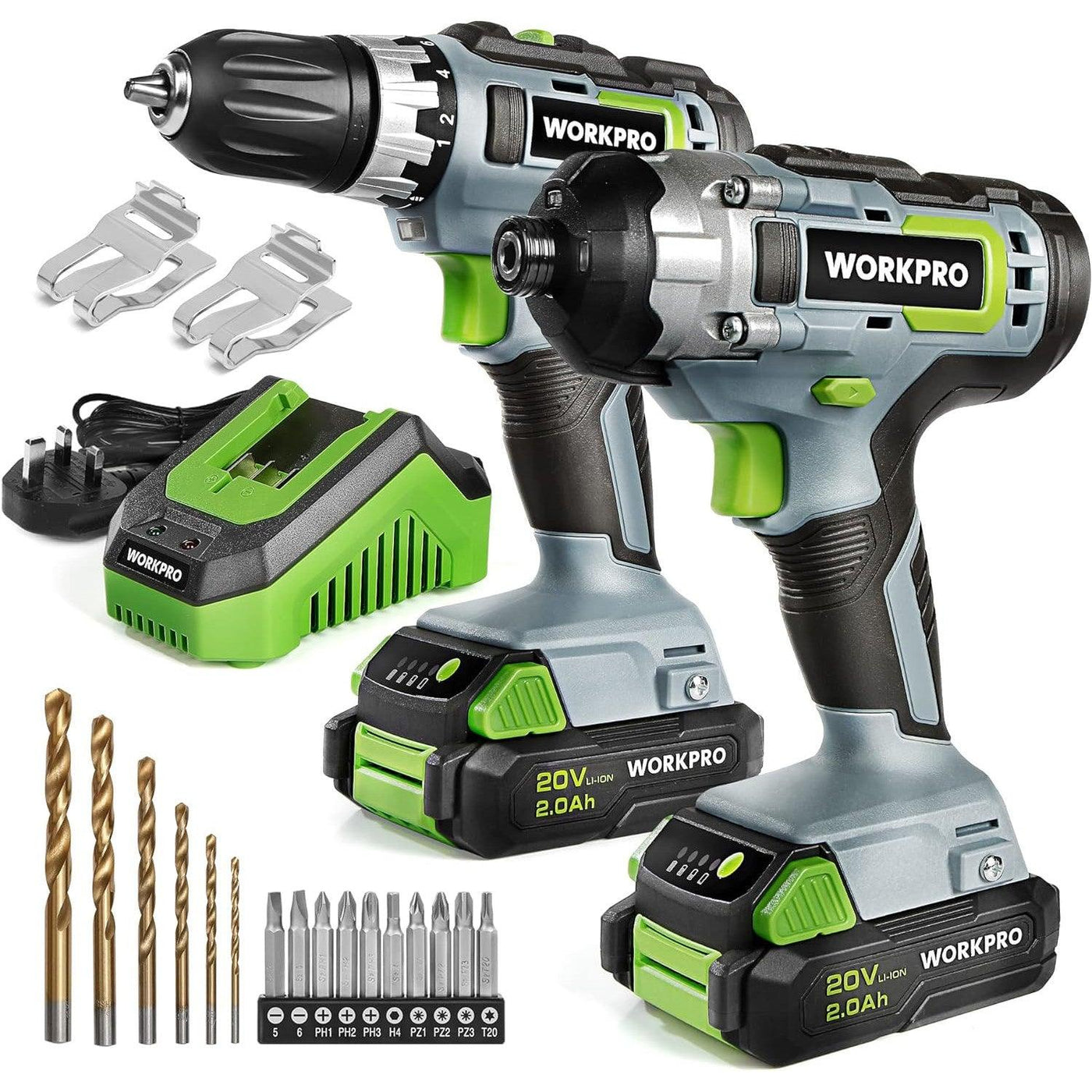 WORKPRO 20V Cordless Drill & Impact Driver, 2 x 2.0Ah Batteries, Charger