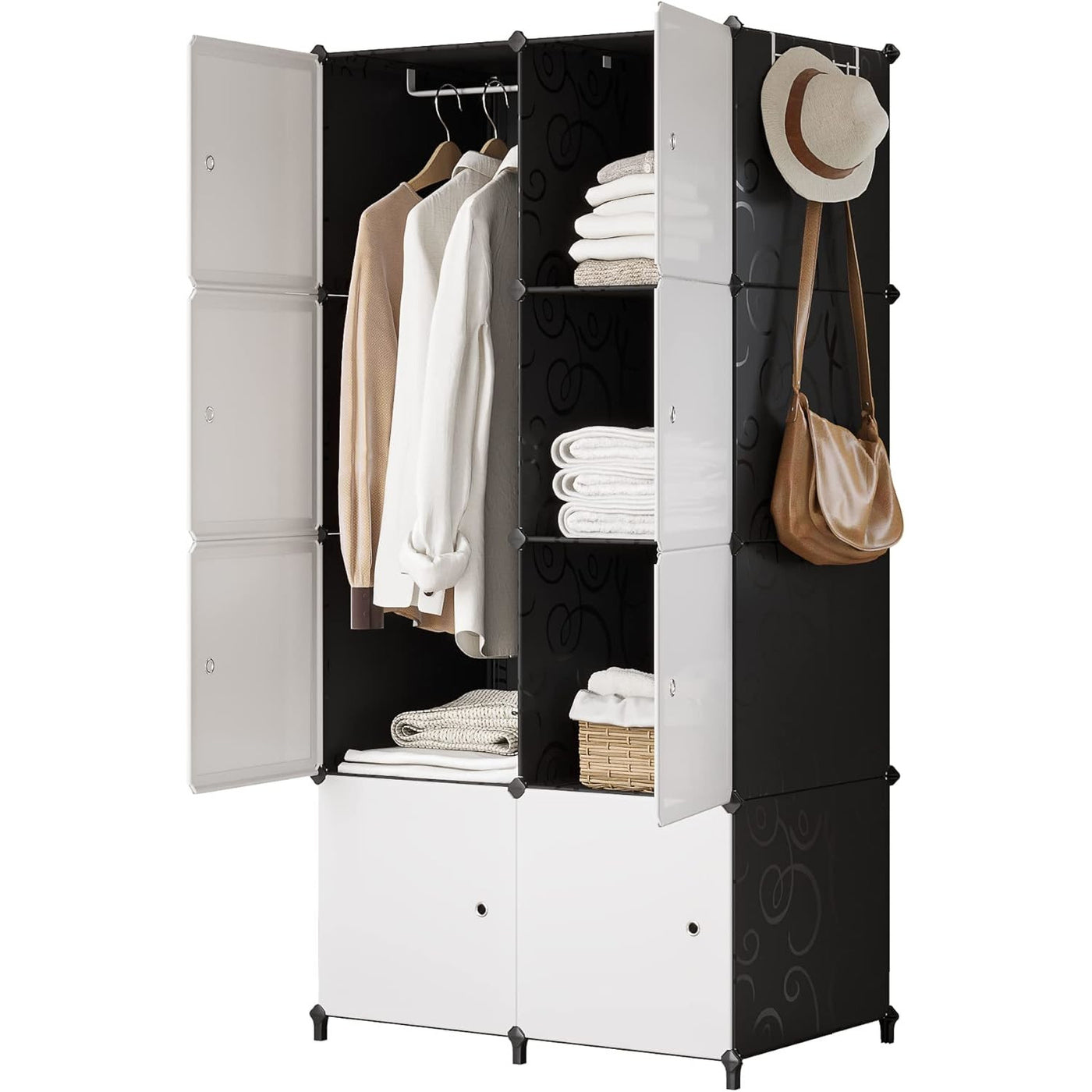 JOISCOPE 8-Cube Portable Wardrobe Closet, Hanging Rail, Easy Assembly, White/Black