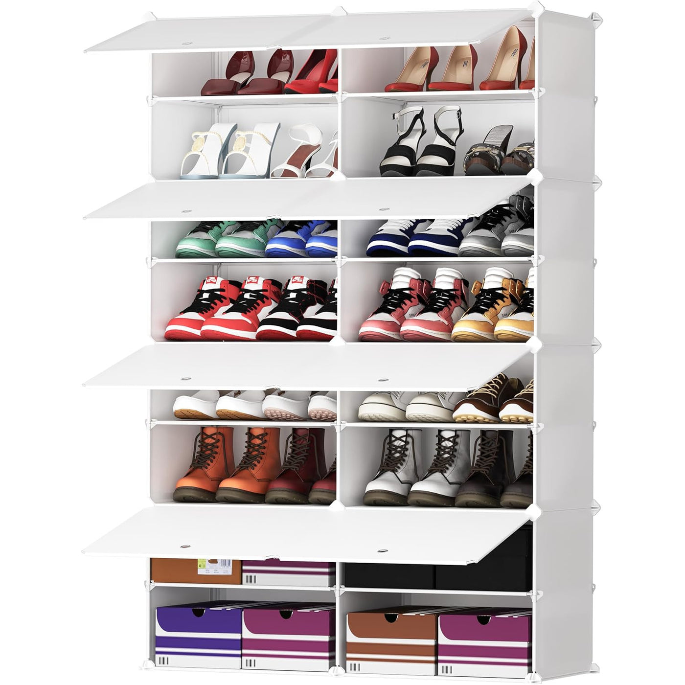 JOISCOPE 2x8 Tier Modular Shoe Storage Cabinet, Space-Saving Organizer, Milky