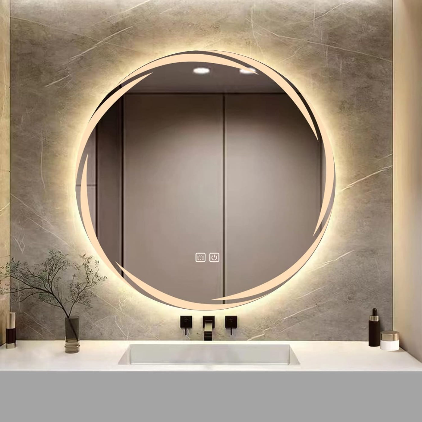 YOSHOOT 60cm Round LED Bathroom Mirror, Wall-Mounted, 3-Color Dimmable Anti-Fog