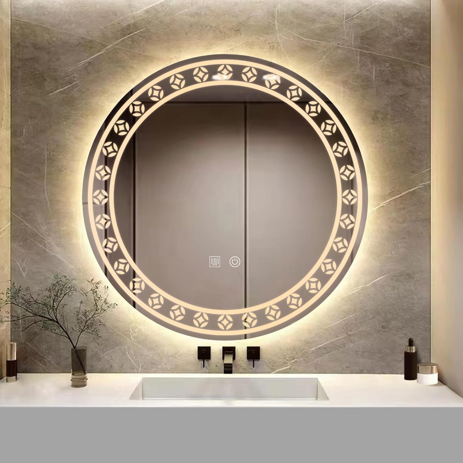 YOSHOOT 800mm Patterned Round LED Bathroom Mirror, Wall Mounted, 3-Color, IP44