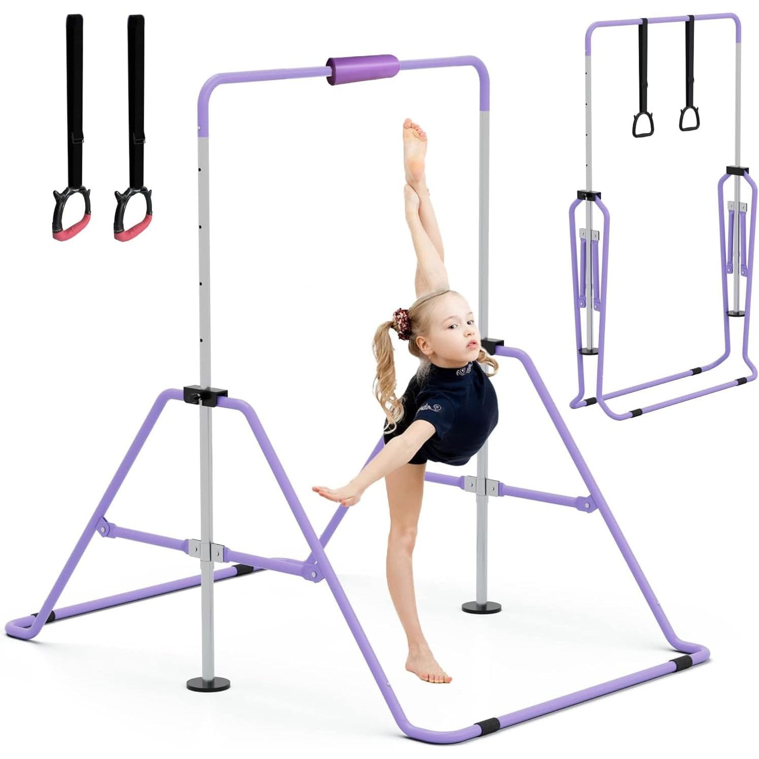 GYMMAGE Adjustable Gymnastics Kip Bar with Rings & Bar Pad, Folding for Kids - Massive Discounts