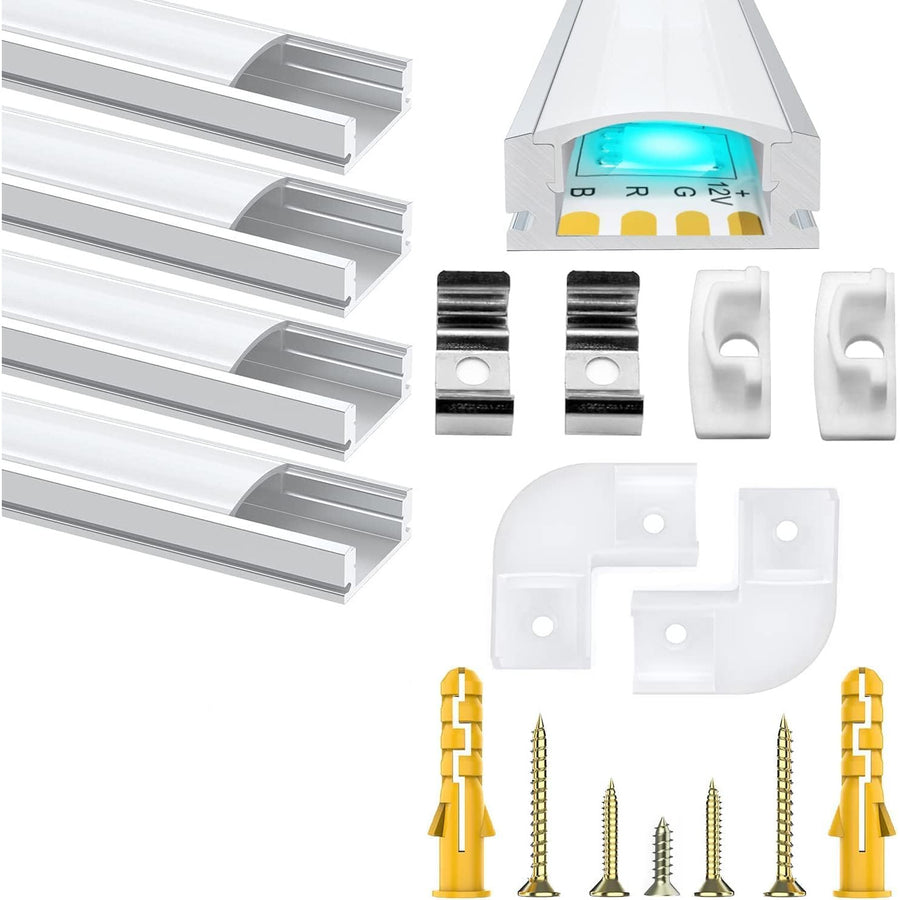 4 Pack U-Shape 1m LED Aluminum Profile, Milky Cover End Caps & Mounting Clips