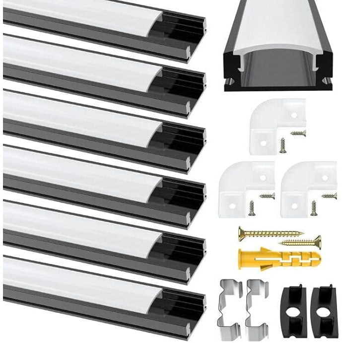 6 Pack Black U-Shape LED Aluminum Channel with Milky Diffuser, End Caps & Clips