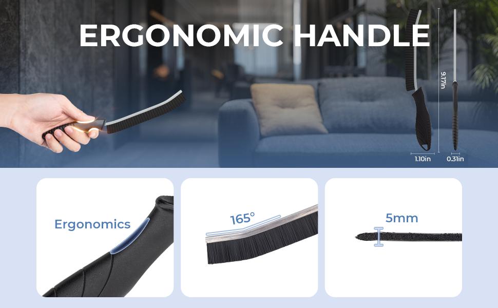 Ergonomic handle with measurements and text on a blurred indoor background