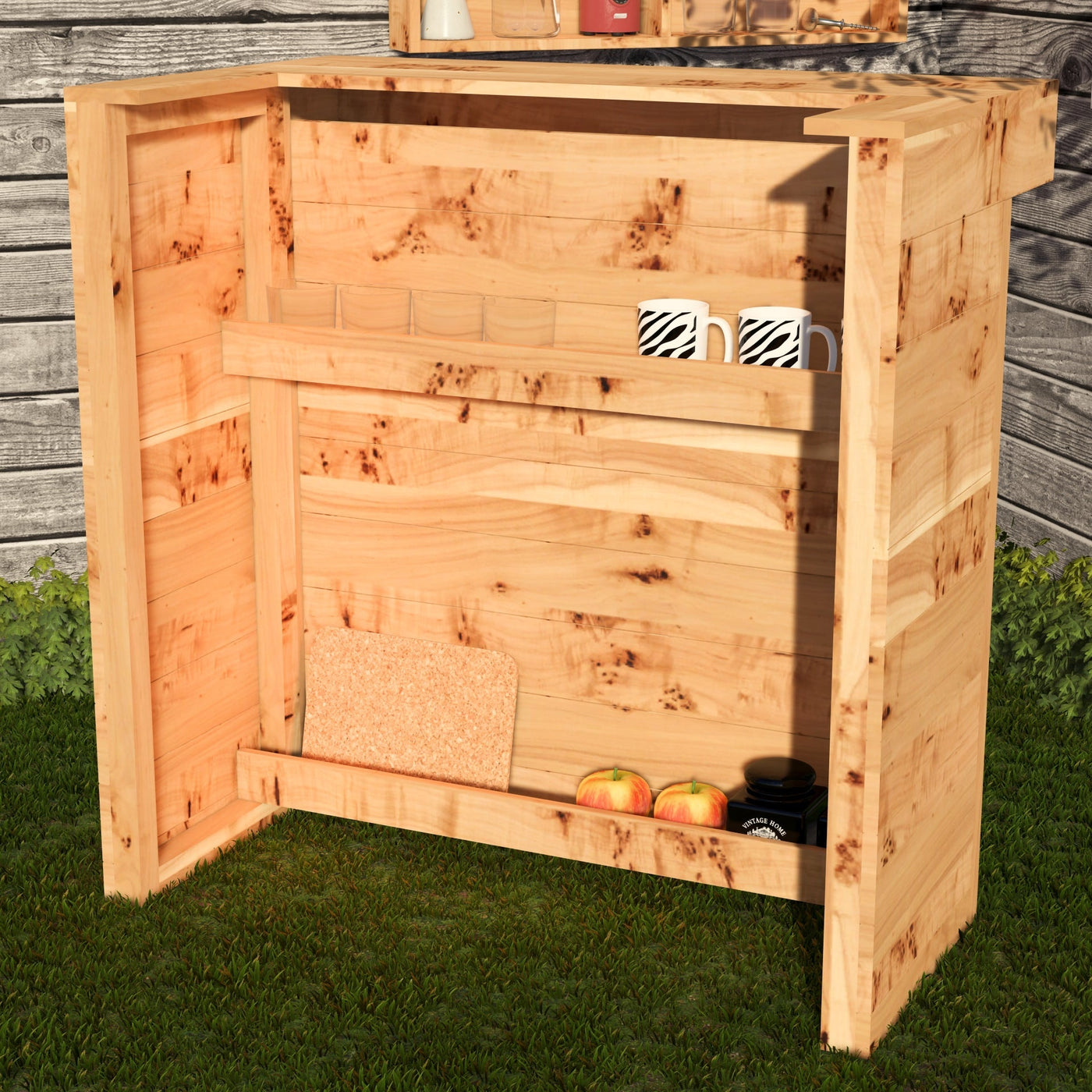 Wooden outdoor storage unit with a lid open, showing apples and a container inside, against a wooden fence background.