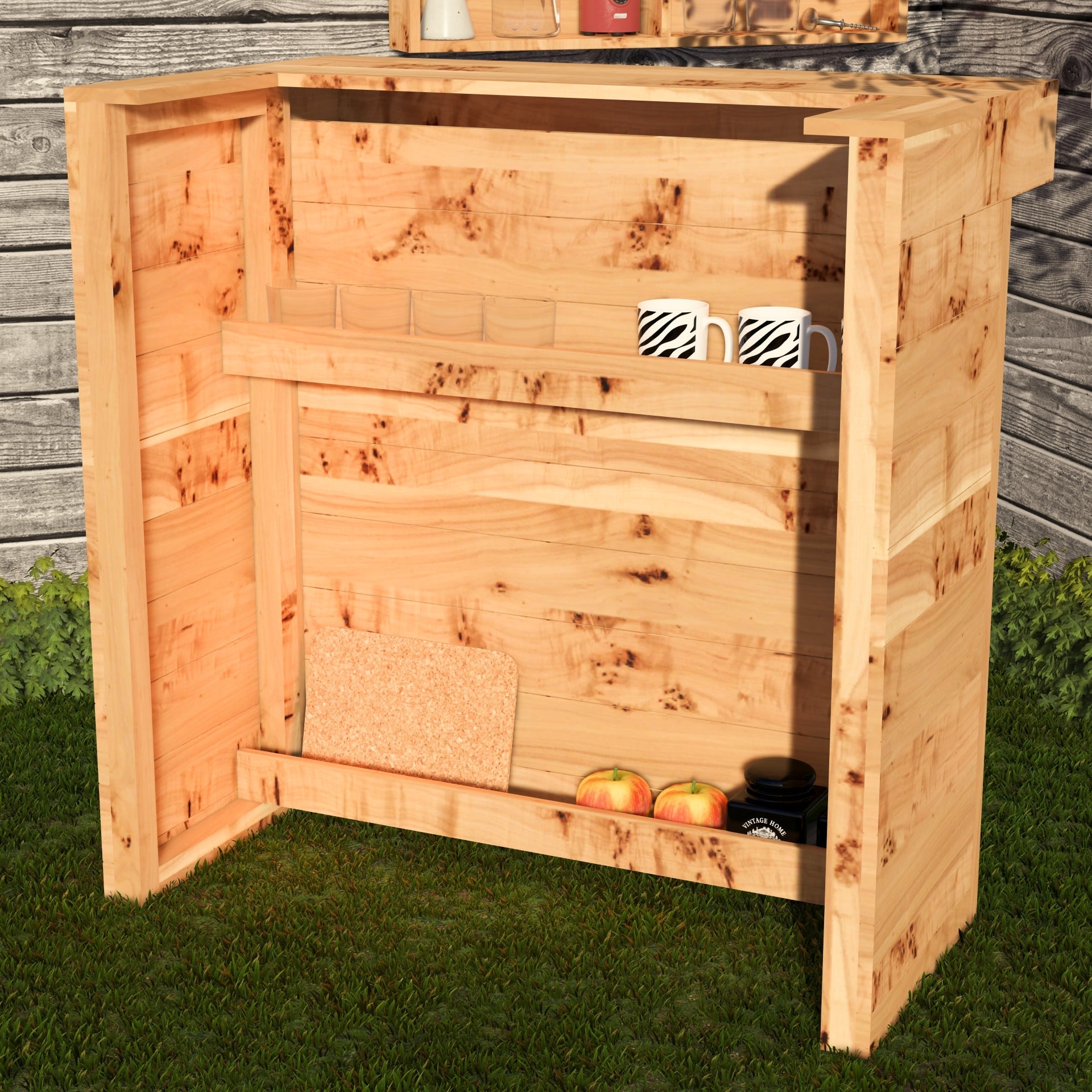 Wooden outdoor storage unit with a lid open, showing apples and a container inside, against a wooden fence background.