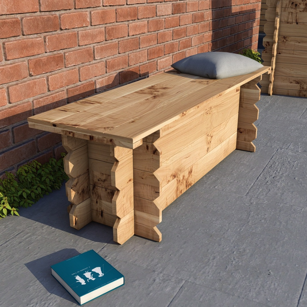 Wooden bench with a cushion against a brick wall on a patio
