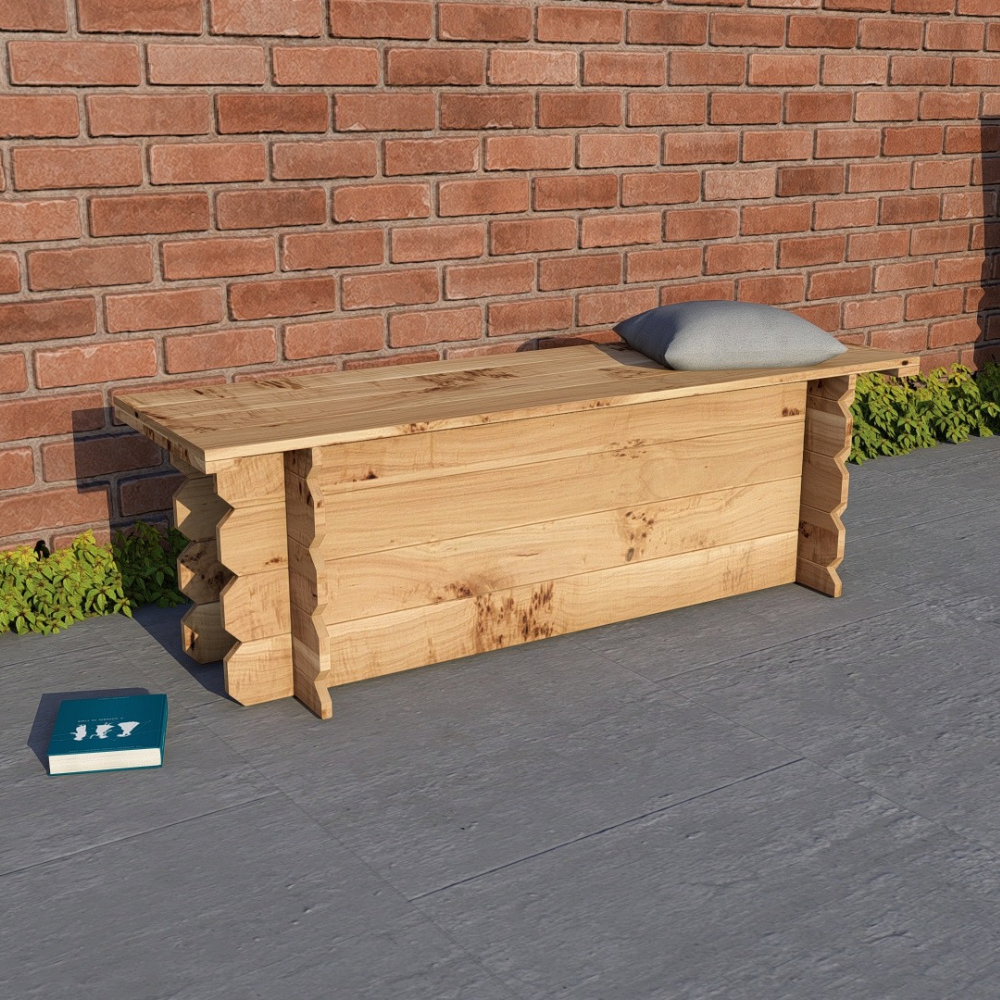 Wooden bench with a cushion against a brick wall on a patio