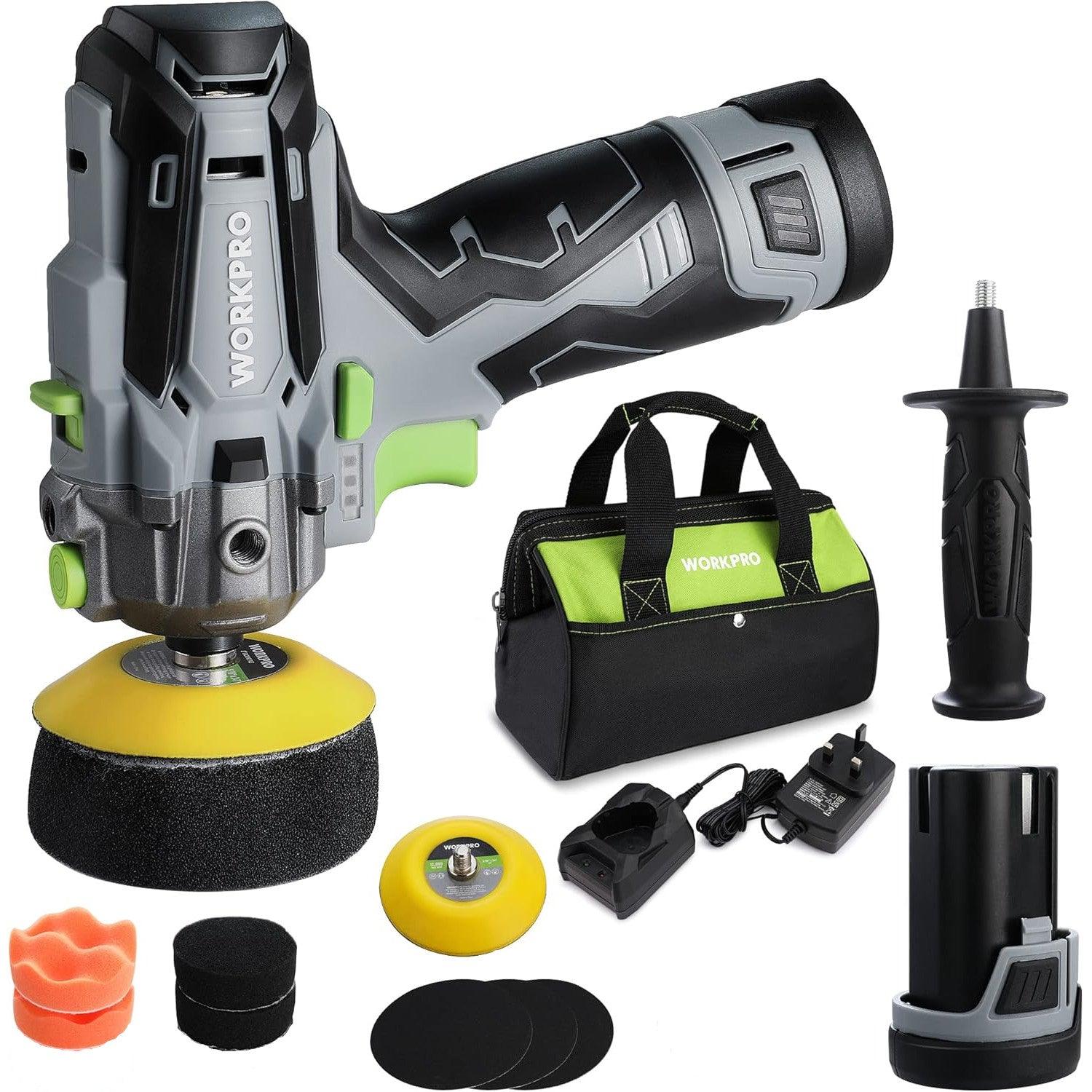 WORKPRO 12V Cordless Buffer Polisher Kit, 2 Batteries, Car Detailing