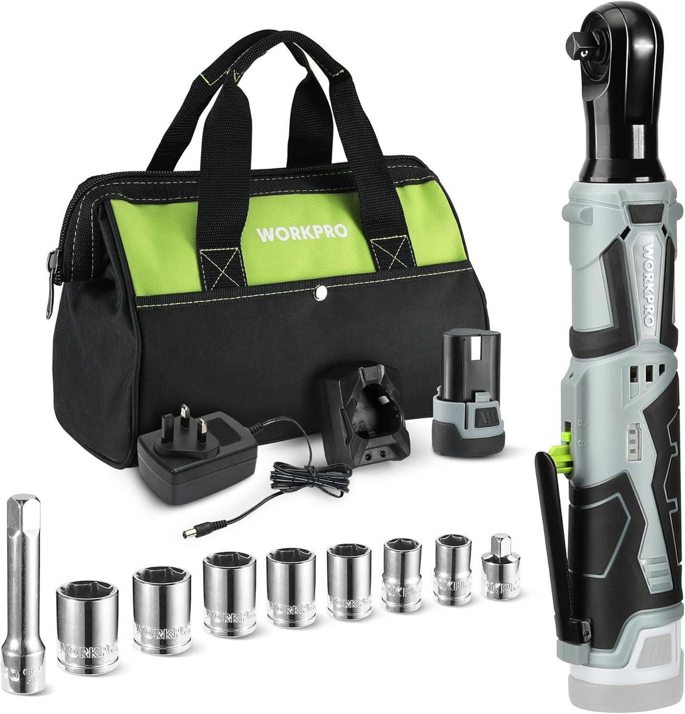 WORKPRO 12V Cordless Ratchet Wrench Set, 3/8in Ratchet, 7 Sockets, 2 Batteries