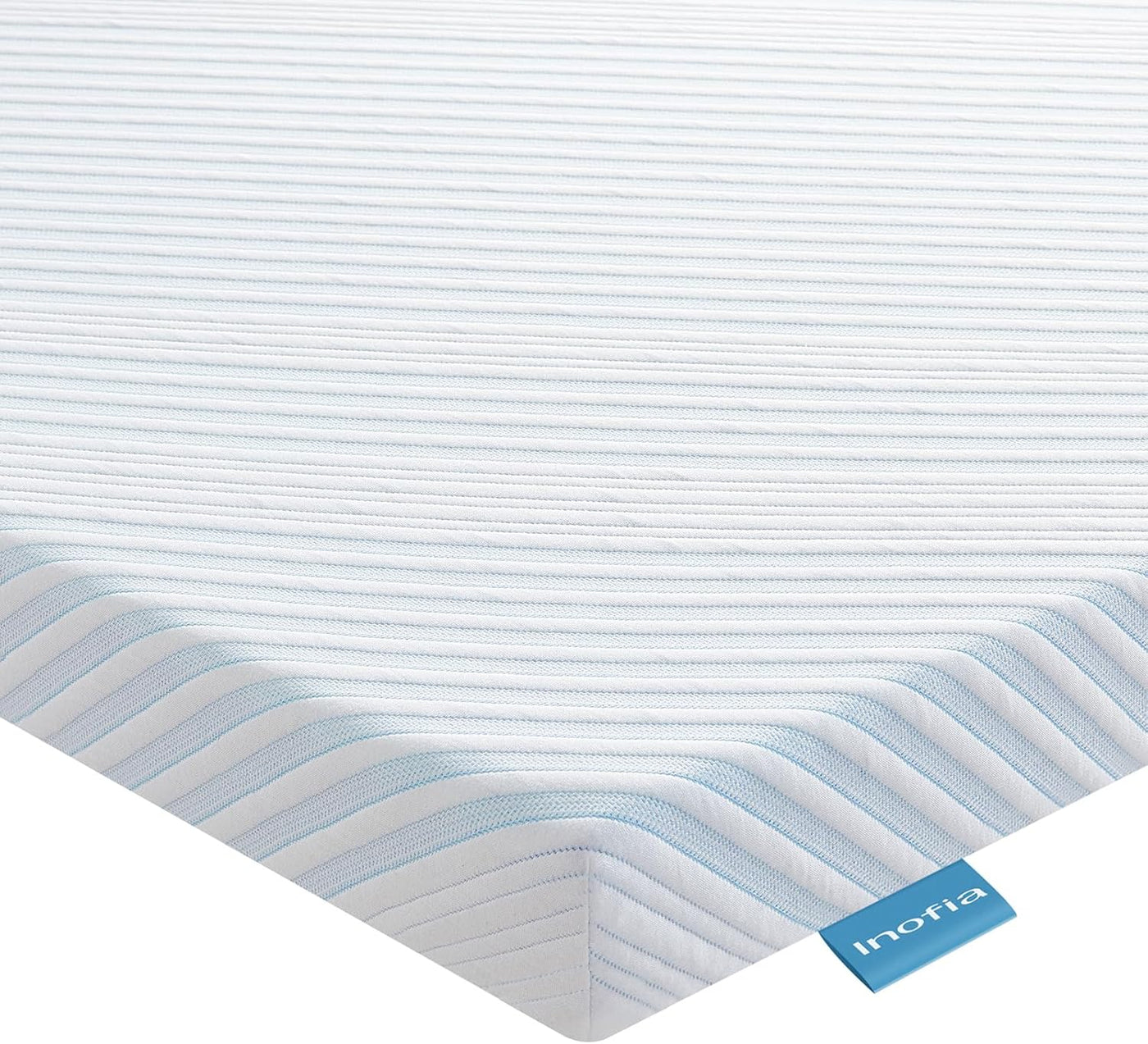 Blue and white striped mattress cover with Inofia label on a white background