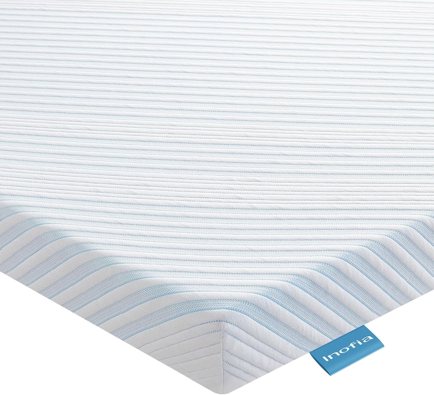 Blue and white striped mattress cover with Inofia label on a white background