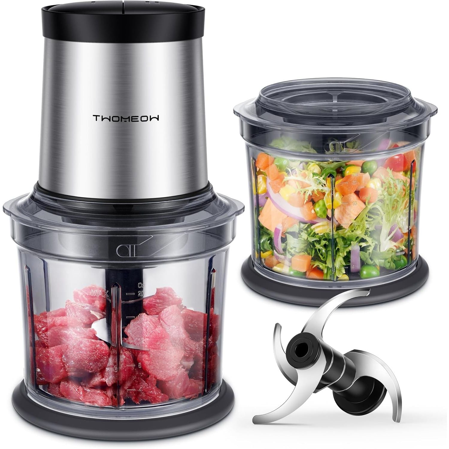 Mini Chopper Food Processor 300W 2x1L Bowls 2 Speed Meat Vegetable TWOMEOW