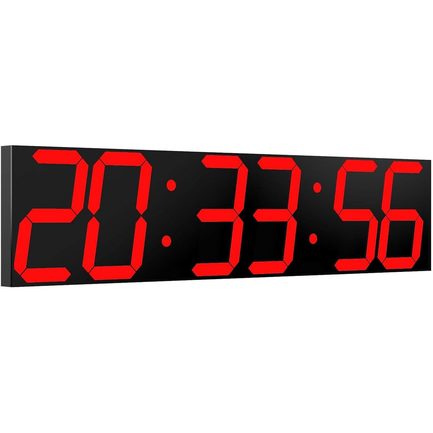 Digital clock with red LED display on a black background