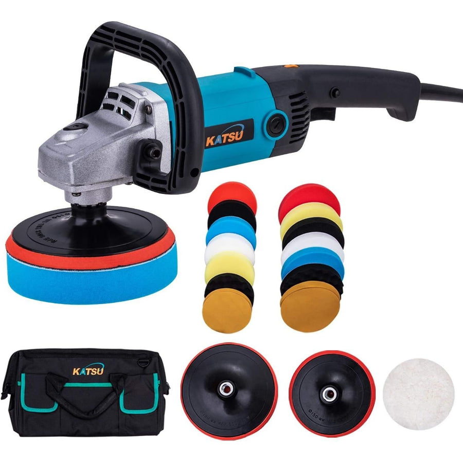 Katsu car polisher with various polishing pads and a carrying case on a white background