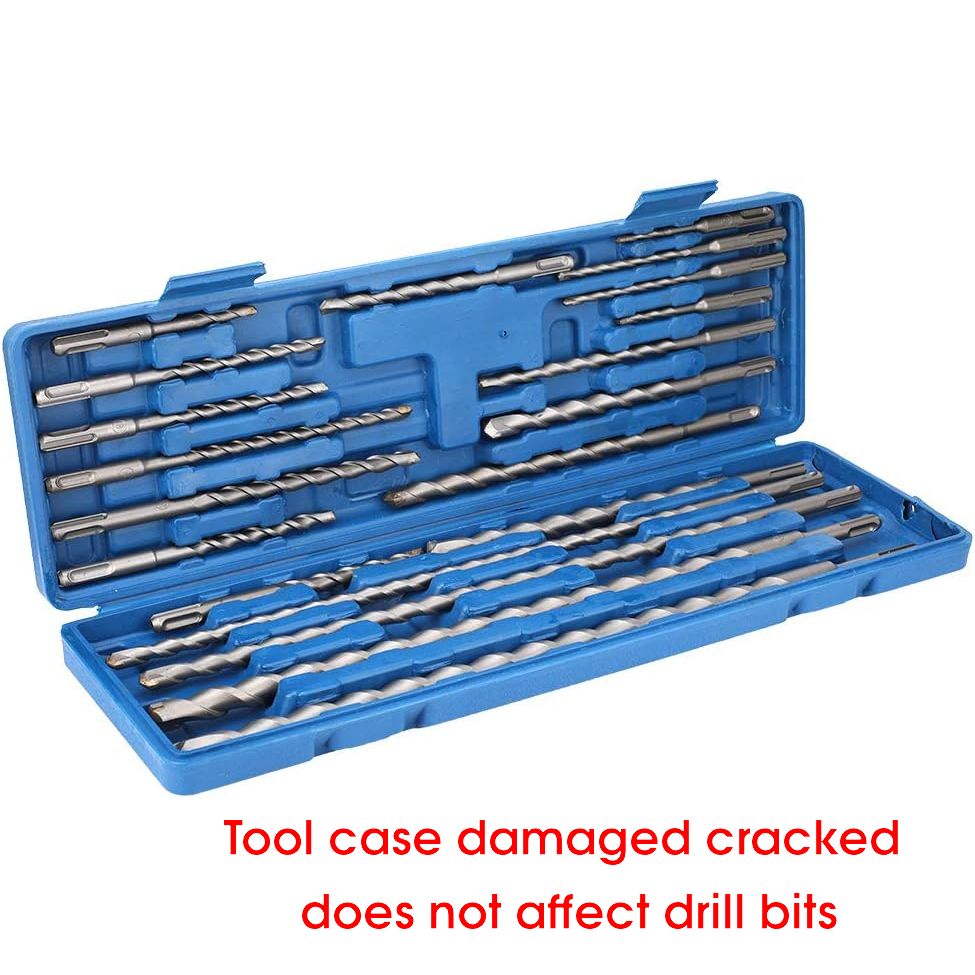 Set of drill bits in a blue case with text indicating tool case damage.