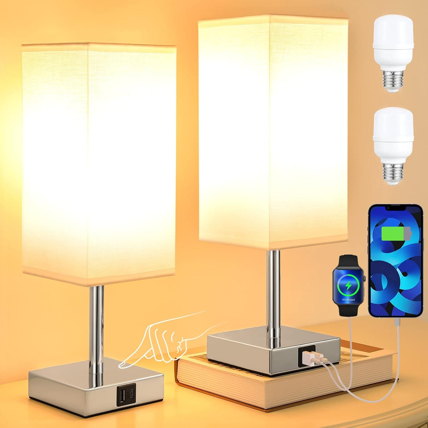 Aooshine Touch Bedside Lamps Set of 2, USB-C+A, 3-Way Dimmable, Bulbs Included - Massive Discounts