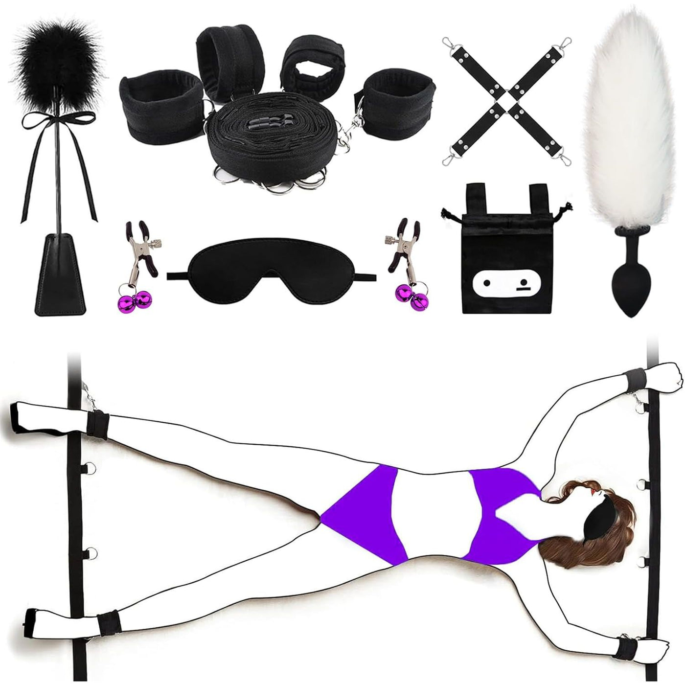 Collection of bondage accessories with a diagram of a person restrained.