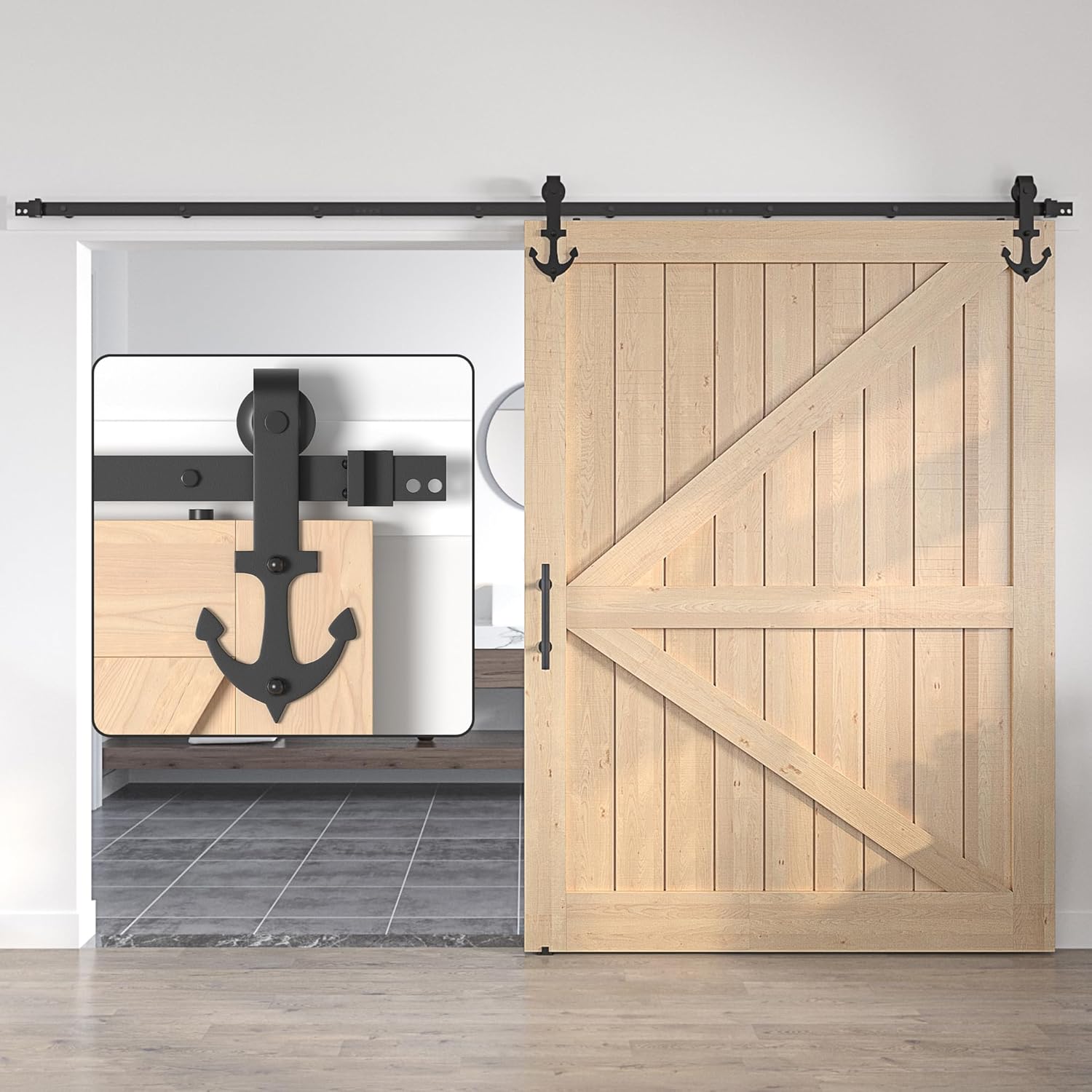 Wooden sliding barn door with black hardware in a modern interior setting.