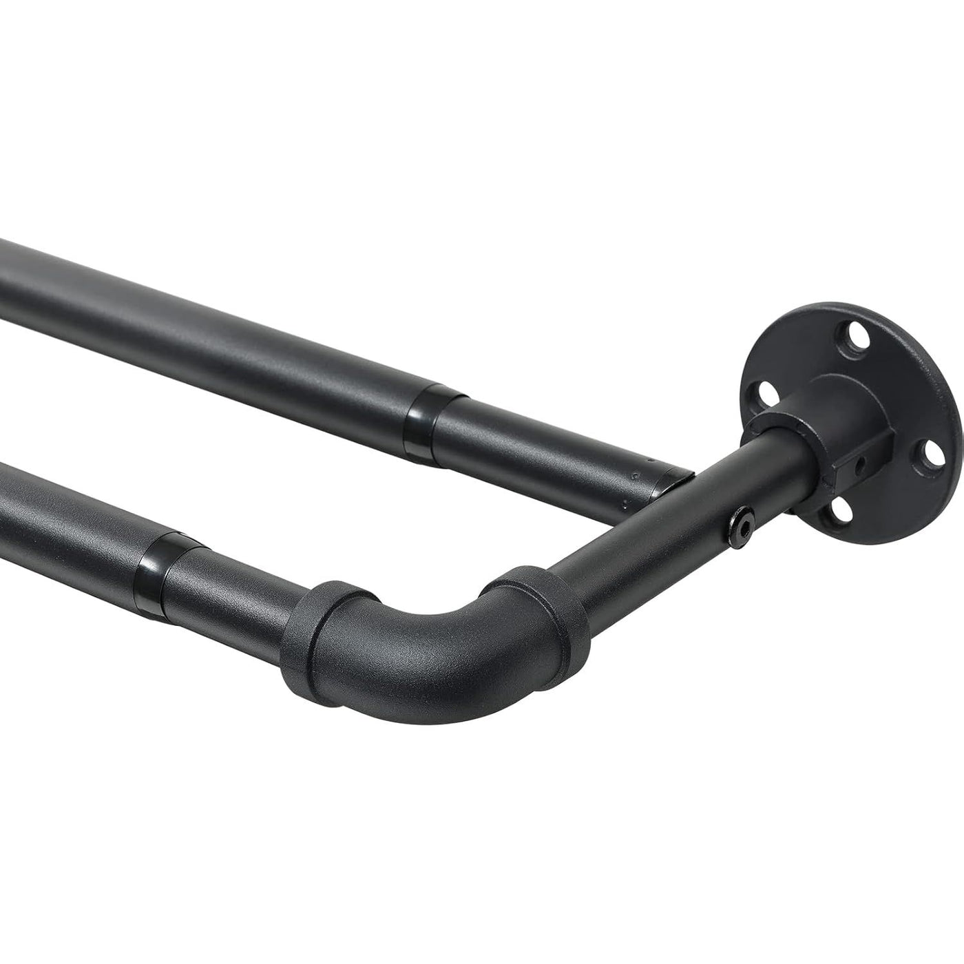 Black metal pipe bracket on a white background