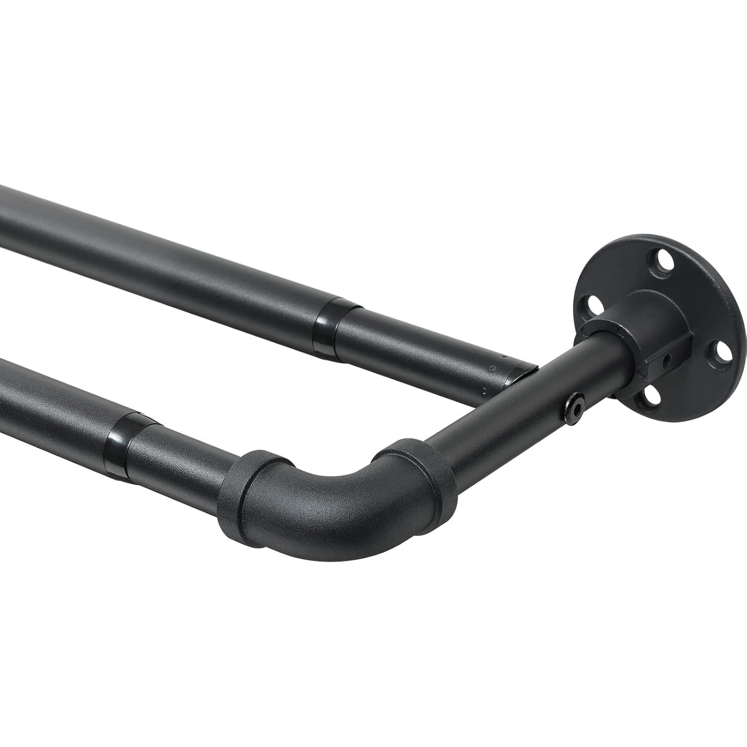 Black metal pipe bracket on a white background