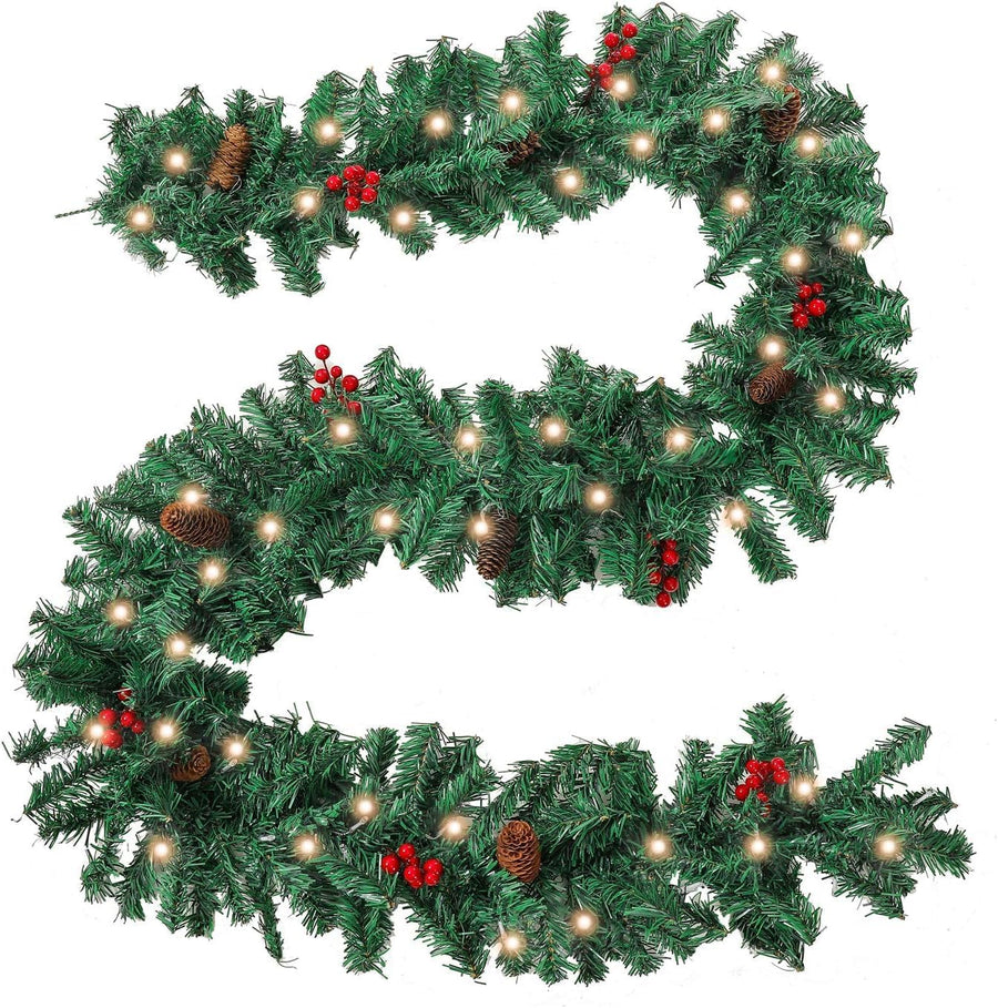 Pre-lit 8ft Christmas Garland with Red Berries, Pine Cones & 40 LED Lights - Massive Discounts