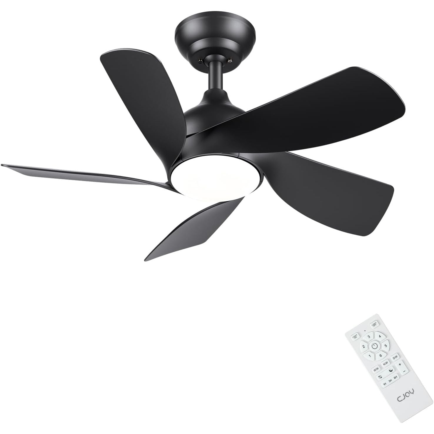 CJOY 30" White Ceiling Fan with Light, Quiet DC Motor, 5 Blades, 6 Speeds, Black