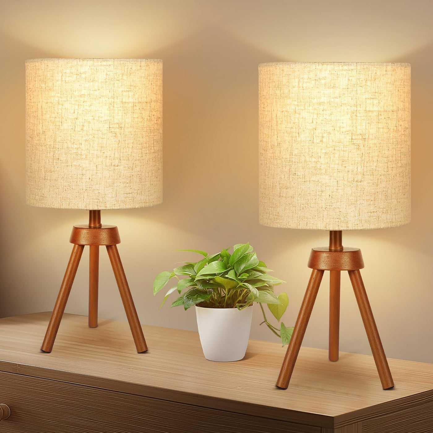 OUTON Wooden Tripod Table Lamps Set of 2, Dimmable, Linen Shade, Bulbs Included - Massive Discounts