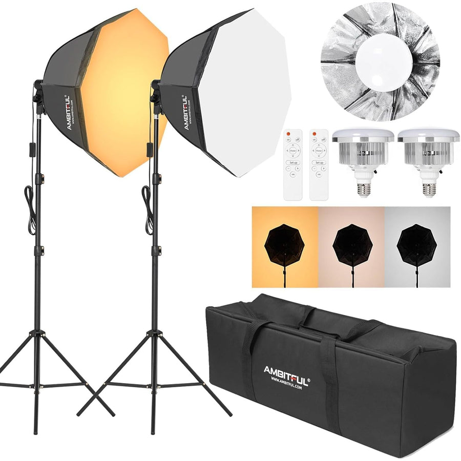 AMBITFUL 2X 65cm Softbox Lighting Kit 50W Bi-Color LED with Tripods for Video