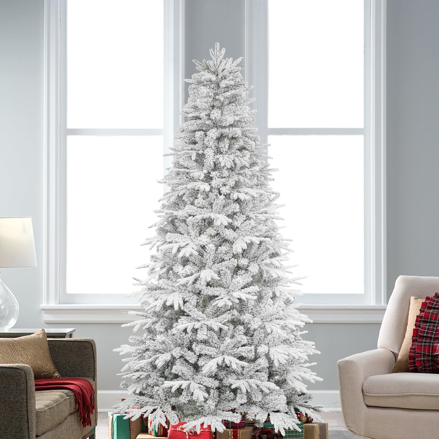 6.5ft Flocked Christmas Tree - Hinged Artificial Pine for Realistic Xmas Decor - Massive Discounts