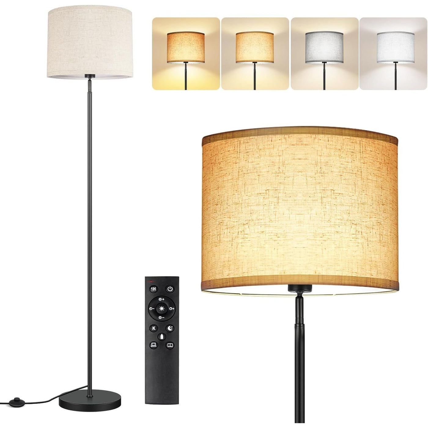 OUTON Modern Floor Lamp, Remote, Dimmable, 3000K-6000K, Linen Shade, Black