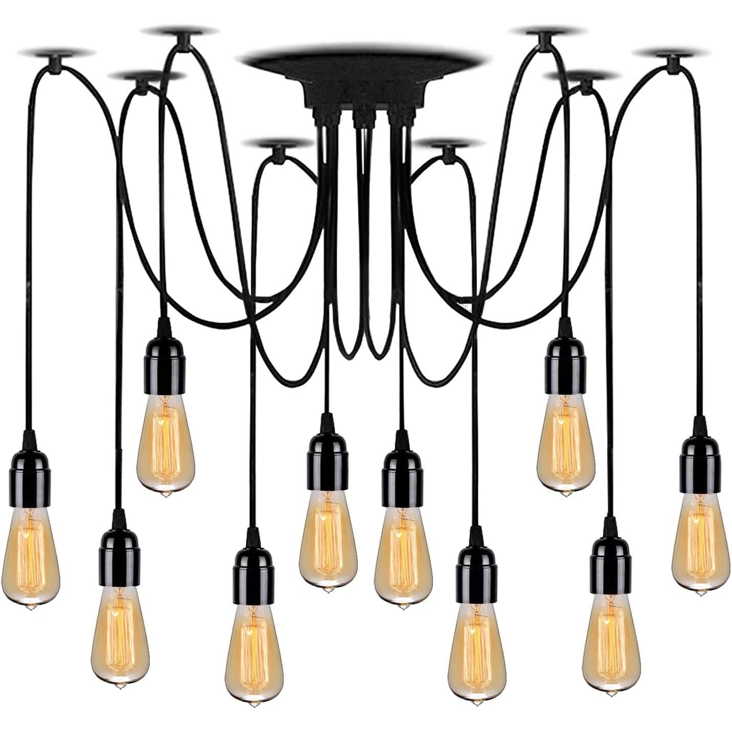Vintage-style pendant light fixture with multiple hanging bulbs on a white background