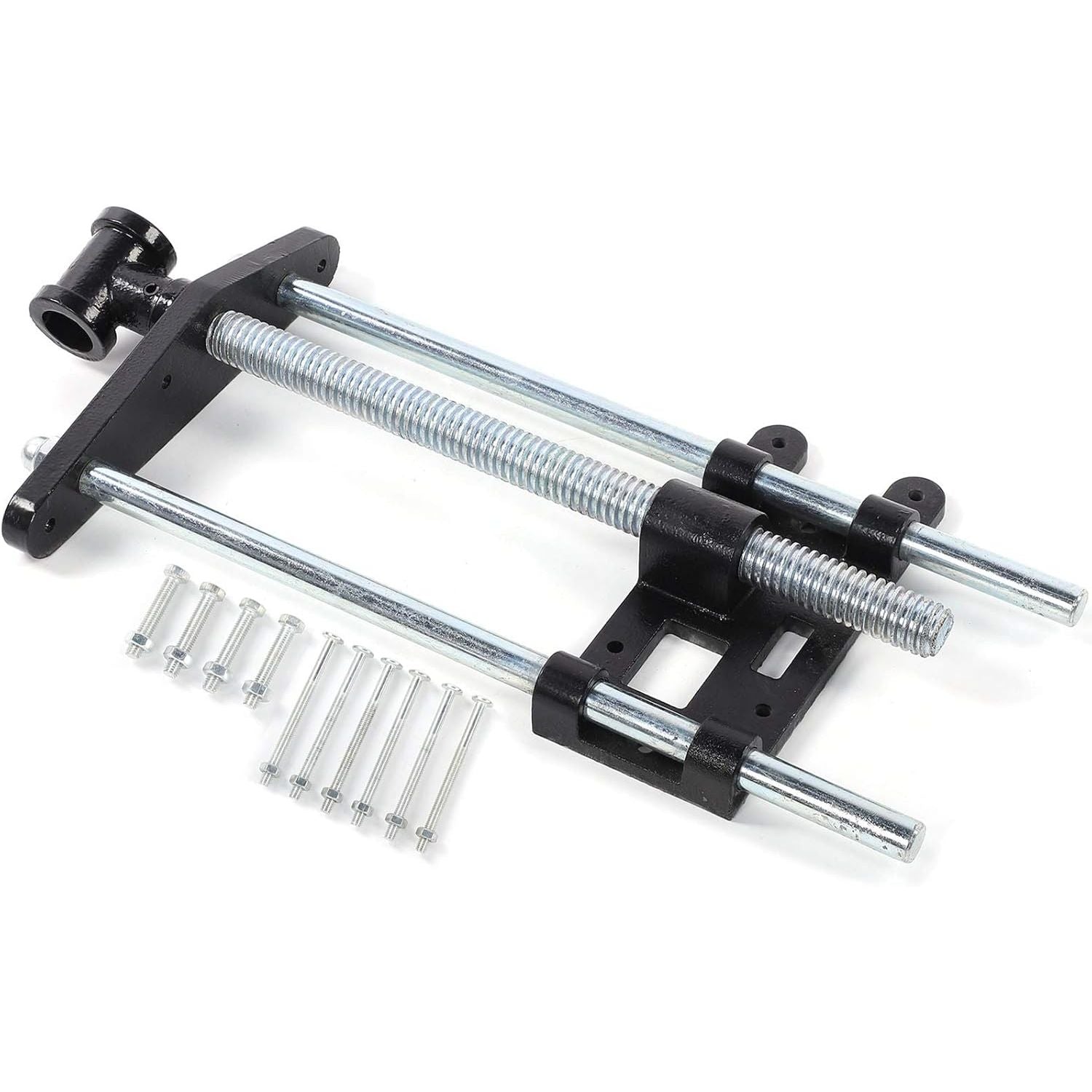 Metal tool with threaded rod and screws on a white background