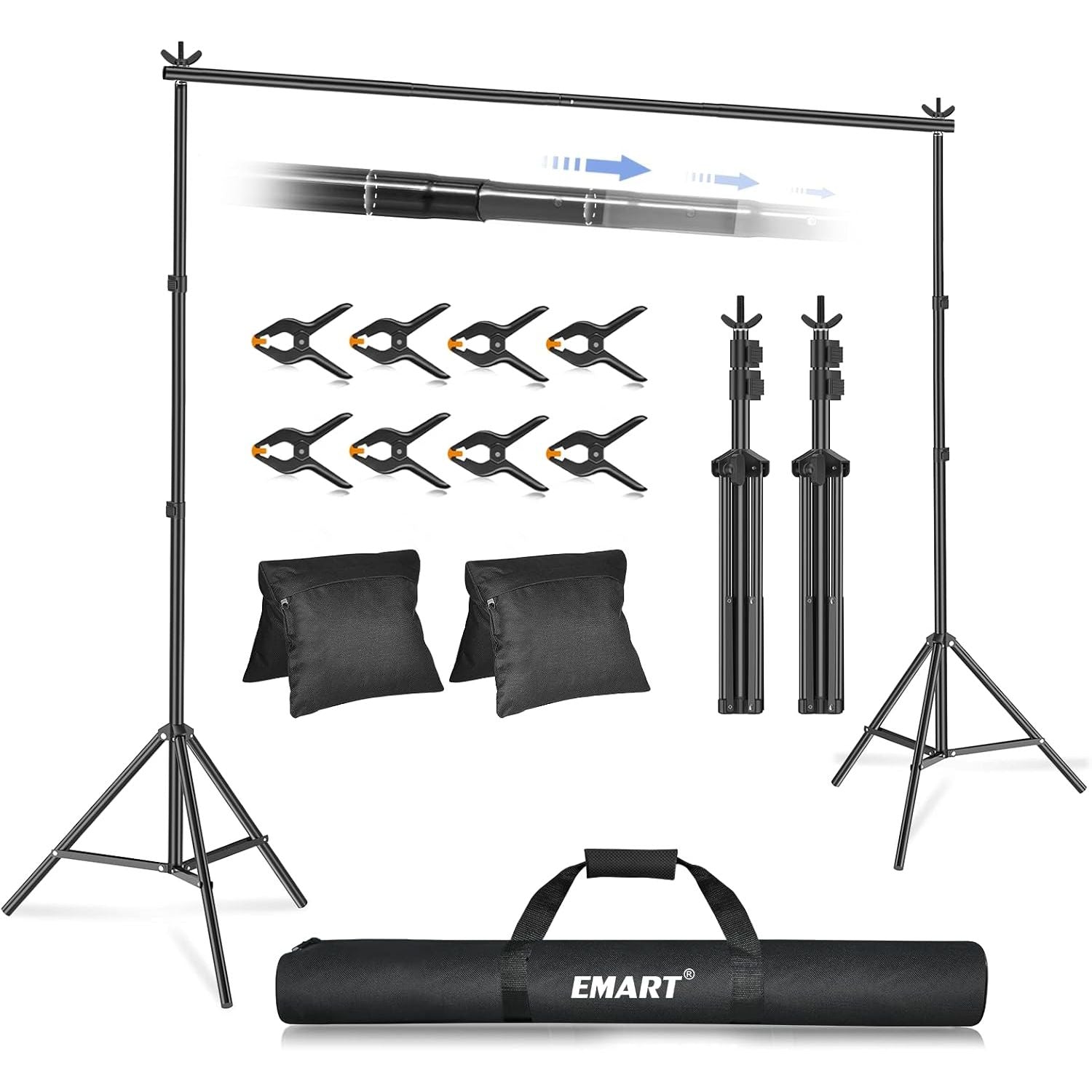 EMART 2x3m Backdrop Stand Kit with Clamps, Sandbags & Carry Bag – Black