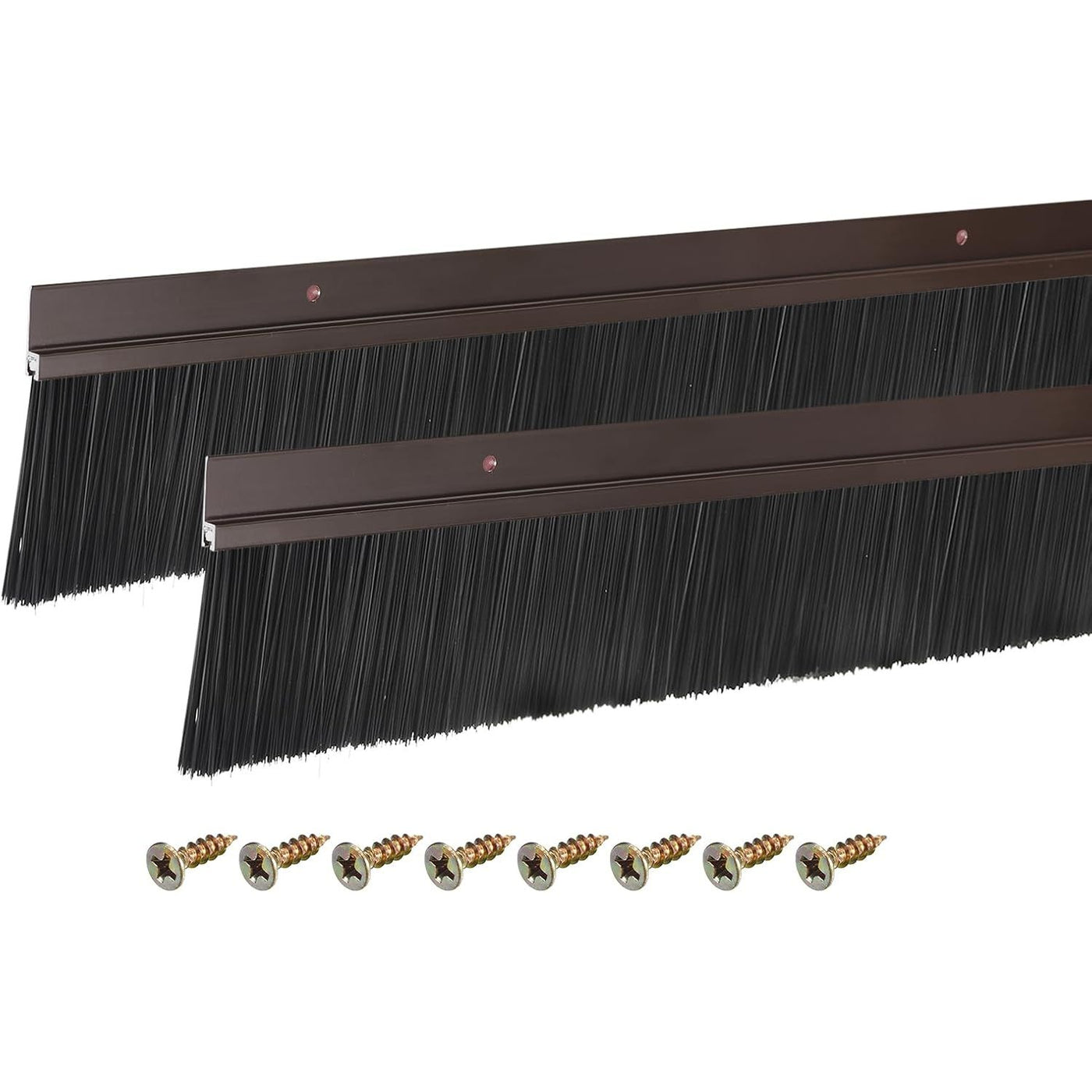 Two long brush strips with black bristles and screws on a white background