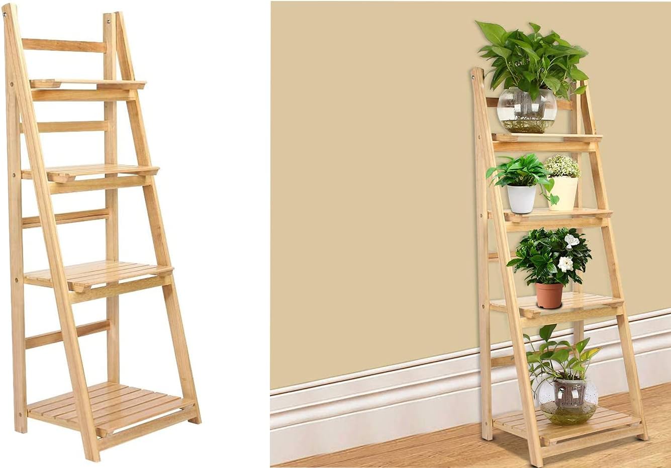 Wooden ladder shelf with plants against a beige wall.