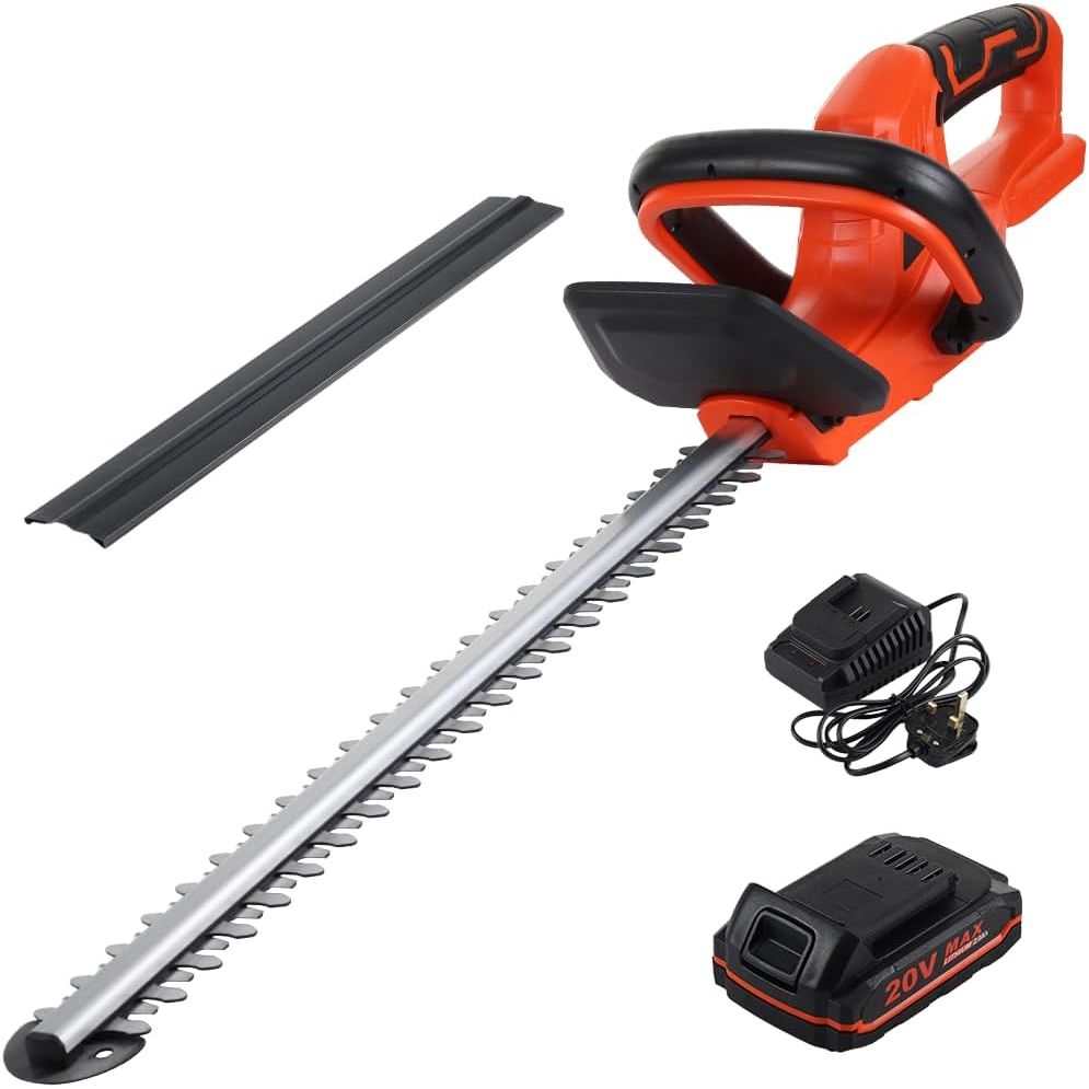 Electric hedge trimmer with additional blade, battery, and charger on a white background