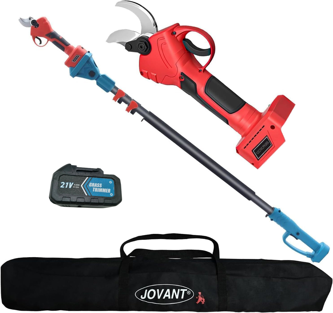 Red and blue pole pruner with battery and carrying case on a white background