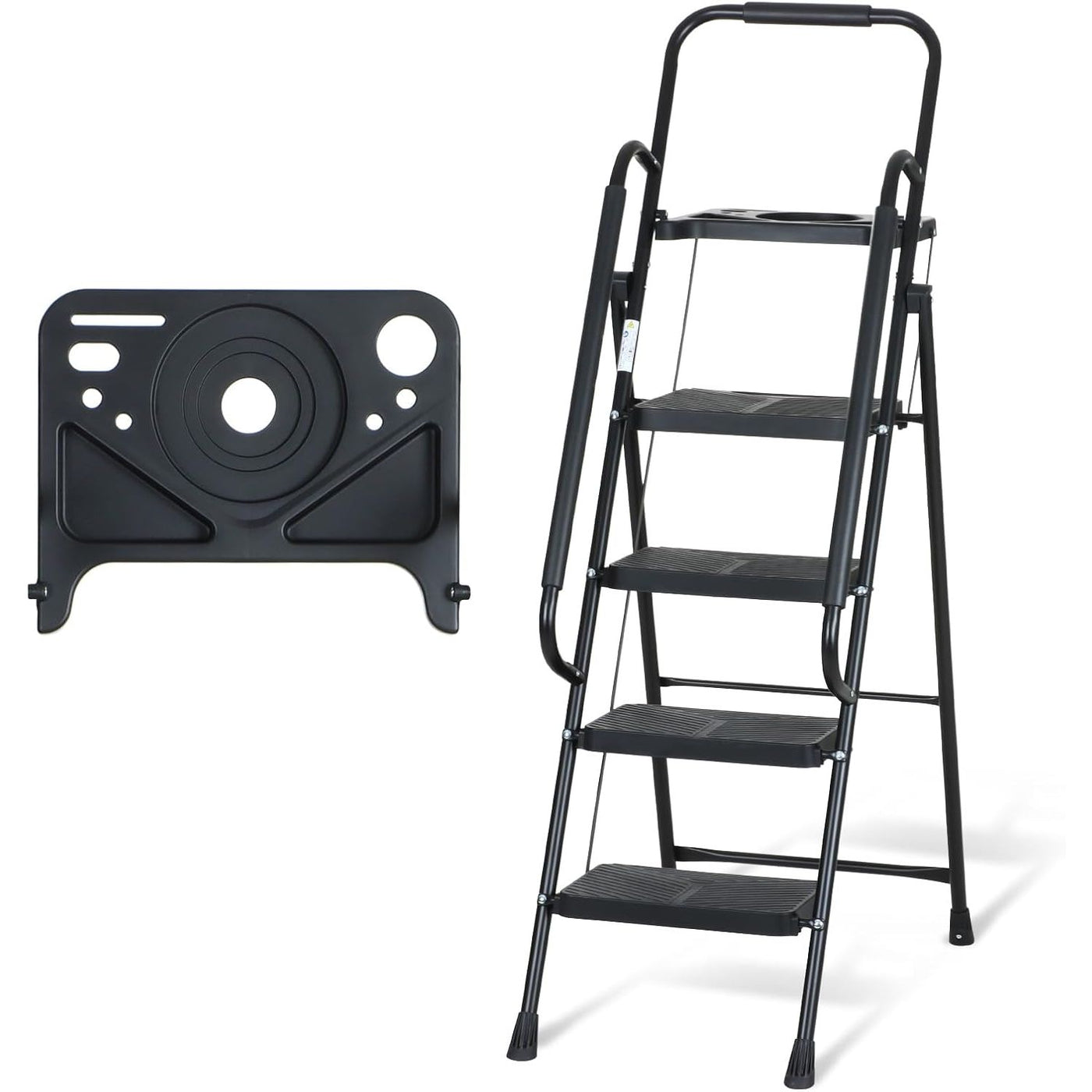 Black step ladder with a camera lens-shaped object on a white background