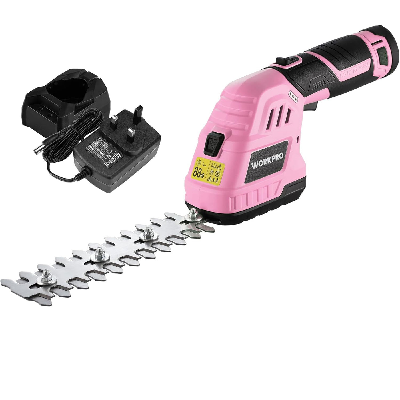 Pink hedge trimmer with attachments and charger on a white background