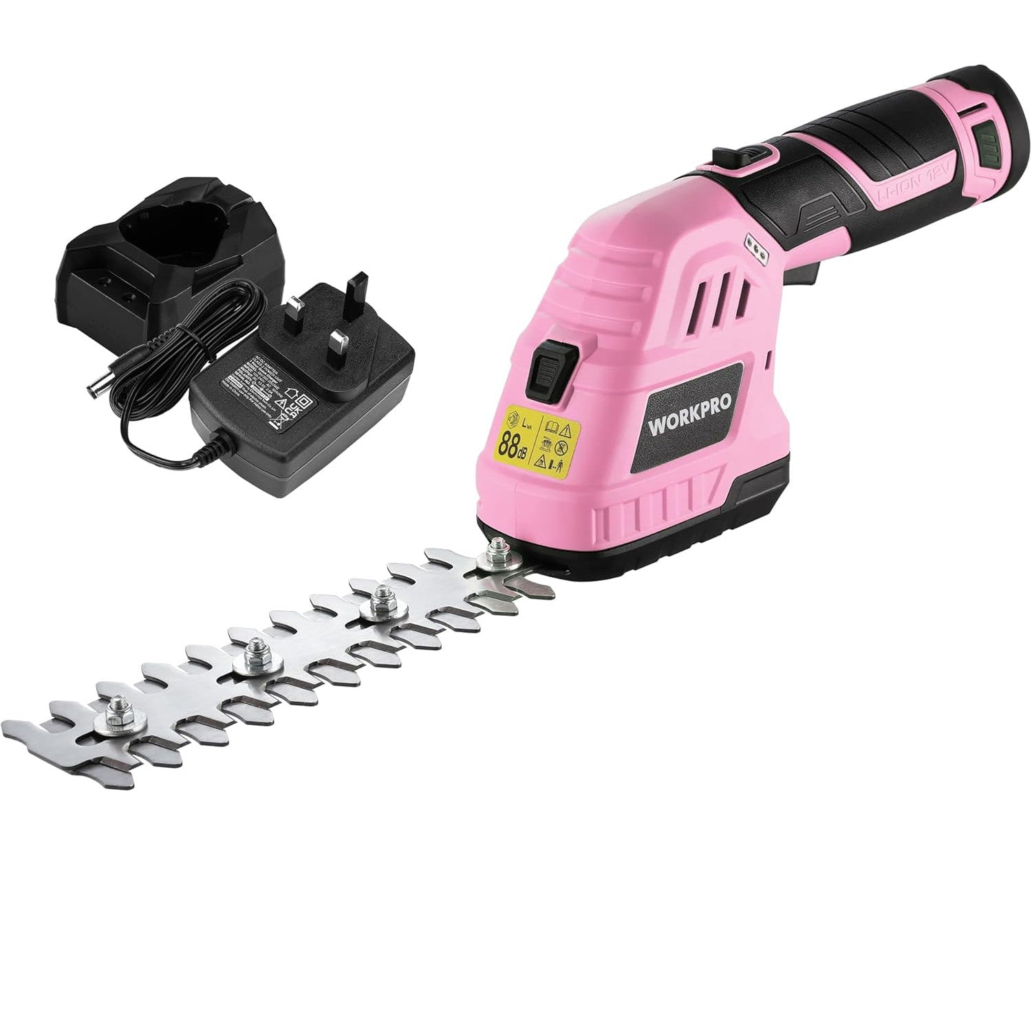 Pink hedge trimmer with attachments and charger on a white background