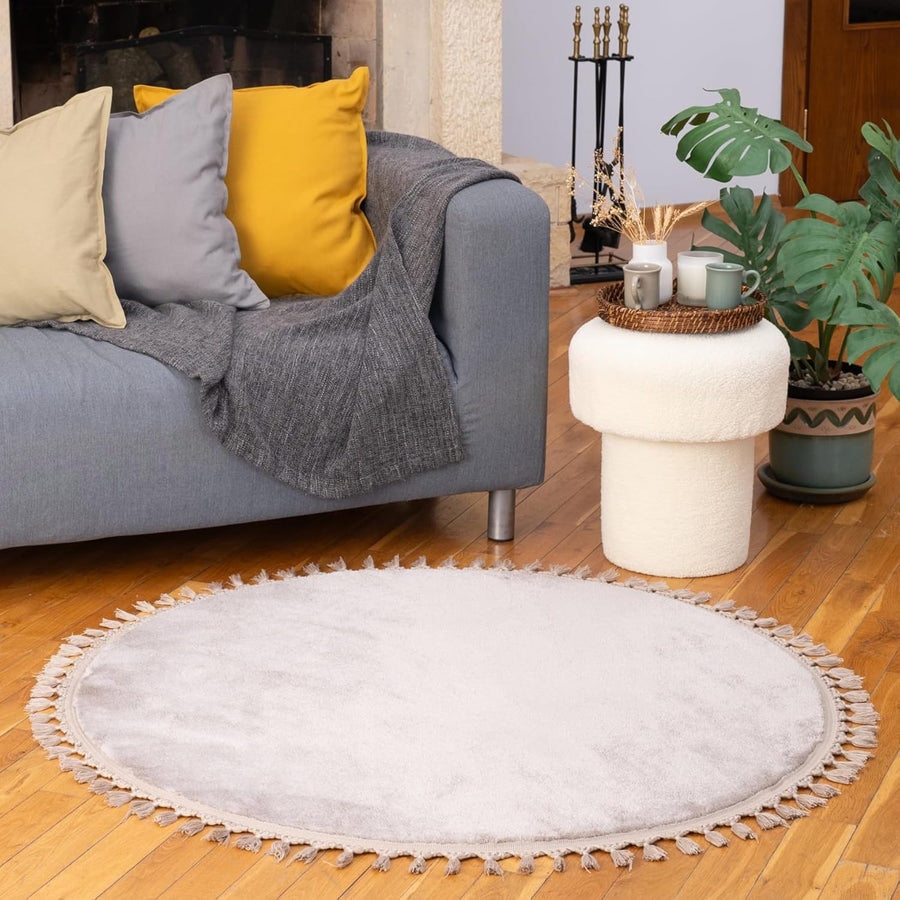 Living room with a gray sofa, round white rug, and decorative items.