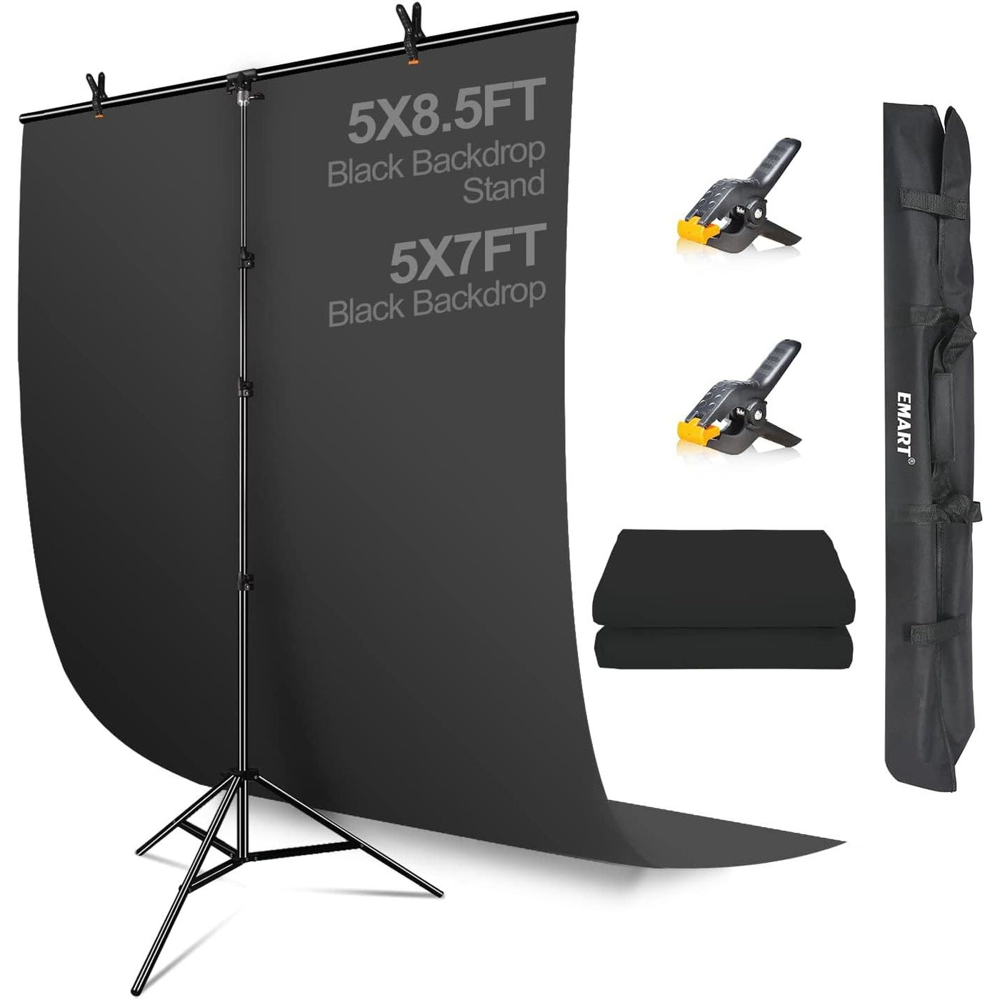 EMART 5x7ft Black Backdrop with 5x8.5ft T-Stand, Photo & Video Kit