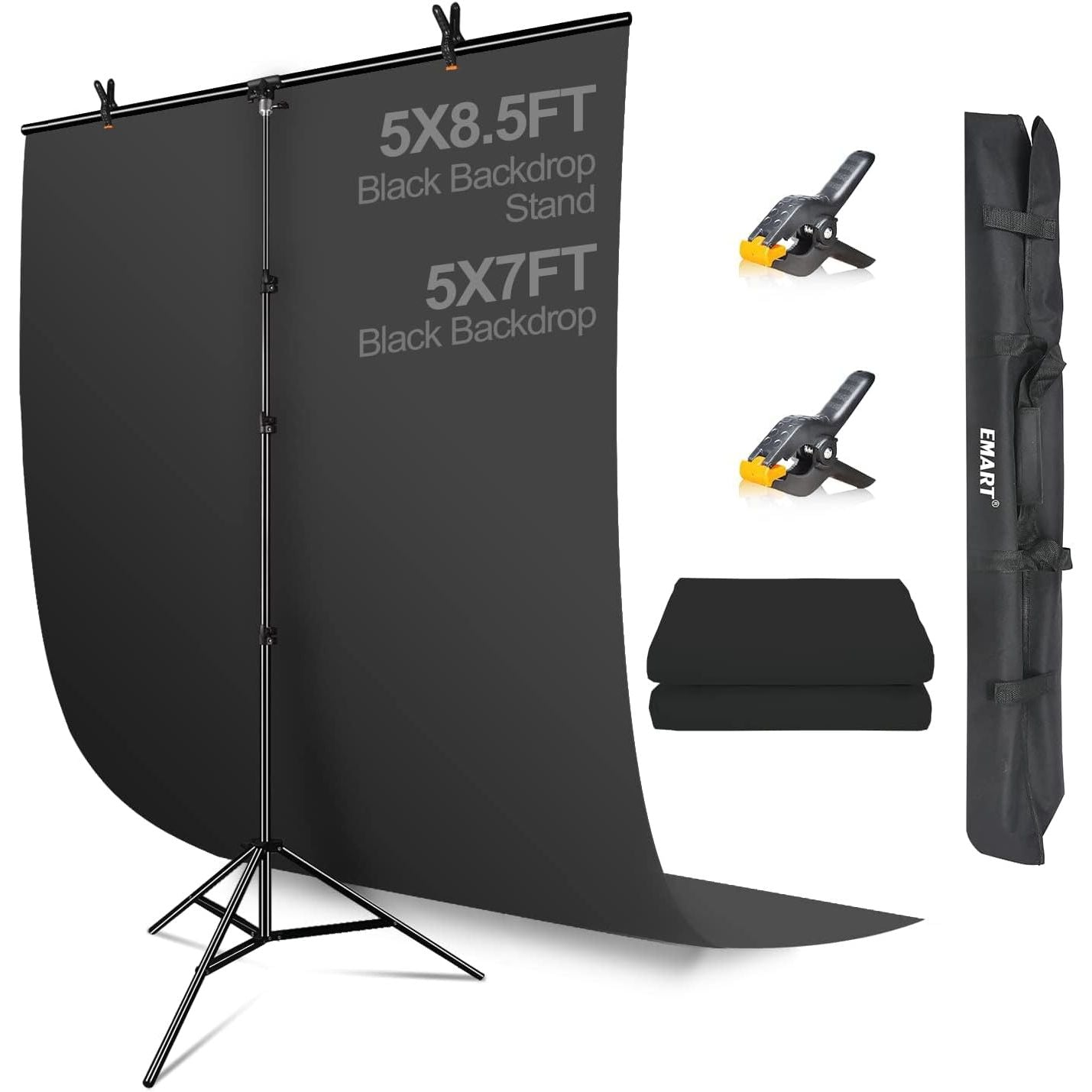 EMART 5x7ft Black Backdrop with 5x8.5ft T-Stand, Photo & Video Kit