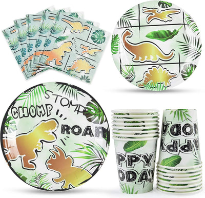 Dinosaur Party Tableware Set 64pcs Plates Cups Napkins Kids Birthday Gold