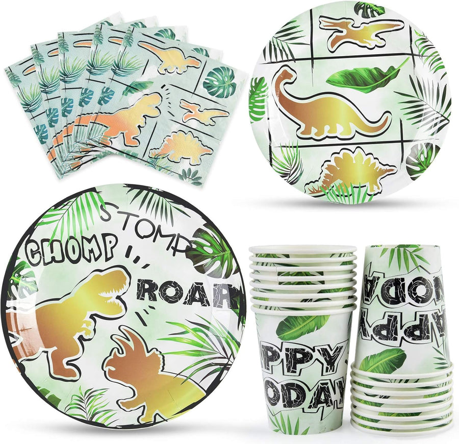 Dinosaur-themed party supplies including plates, cups, and napkins on a white background.